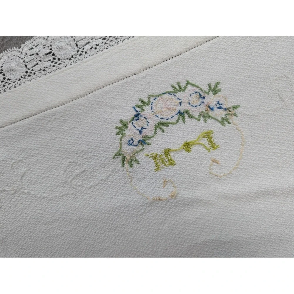 Vintage Lof of‎ 6 Embroidered Hand Towel Linen Floral Lace Trim Kitchen Boho
